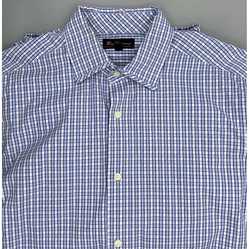 Ben Sherman Mens Blue White Grid Button Down Long Sleeve Shirt Sz L 16/32-33